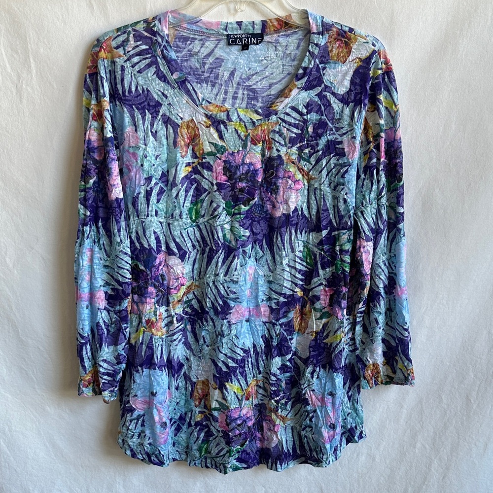 Newport by Carine floral and palm print 3/4-sleeve crinkle blouse, size 1X